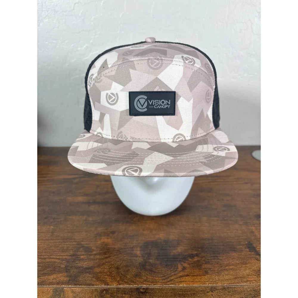 Vision Canopy Snapback Hat Tan Geometric Camo Black Perforated Mesh Flat Bill